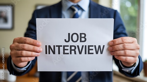 A person in a suit holding a sign that says job interview in front of them close up