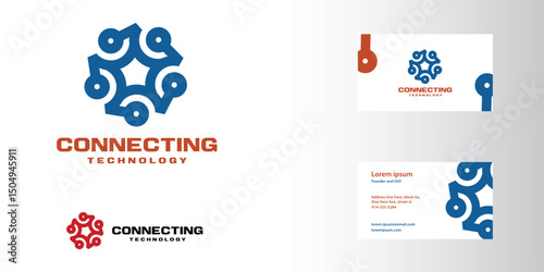 Simple bold dots conductor connect logo. Circuit board and processor technology electronics element. Hi-tech digitalize automatic program. Logo and business card template.