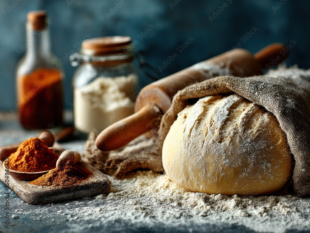 Fototapeta premium A ball of bread dough resting on a floured countertop