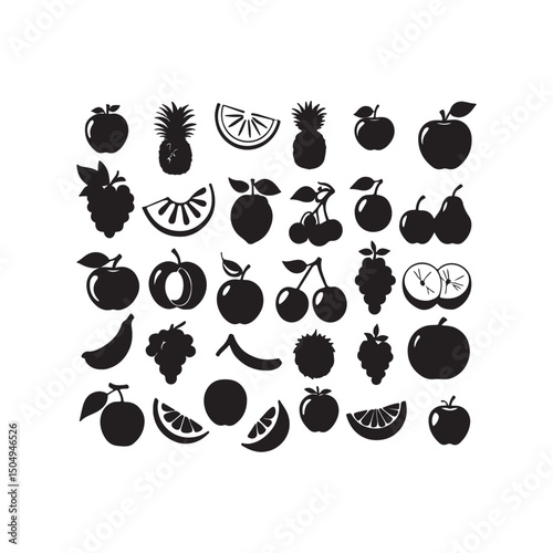 Summer fruits silhouette icons set, Black fruit icons set, various types, flat design, Fruits, vector icon, tropical fruits, minimalist, Simple Black Fruit Icons, Fresh fruit, vector illustration,