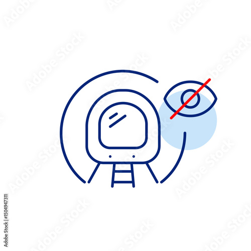Vector icon of train entering tunnel with crossed-out eye, symbolizing hidden route, invisible tracking, or privacy mode. Ideal for transportation apps, navigation systems, and privacy settings