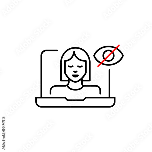 Vector icon of woman on laptop screen with crossed-out eye, symbolizing hidden video call, private meeting, or invisible online presence. Ideal for remote work apps, communication tools, and privacy s