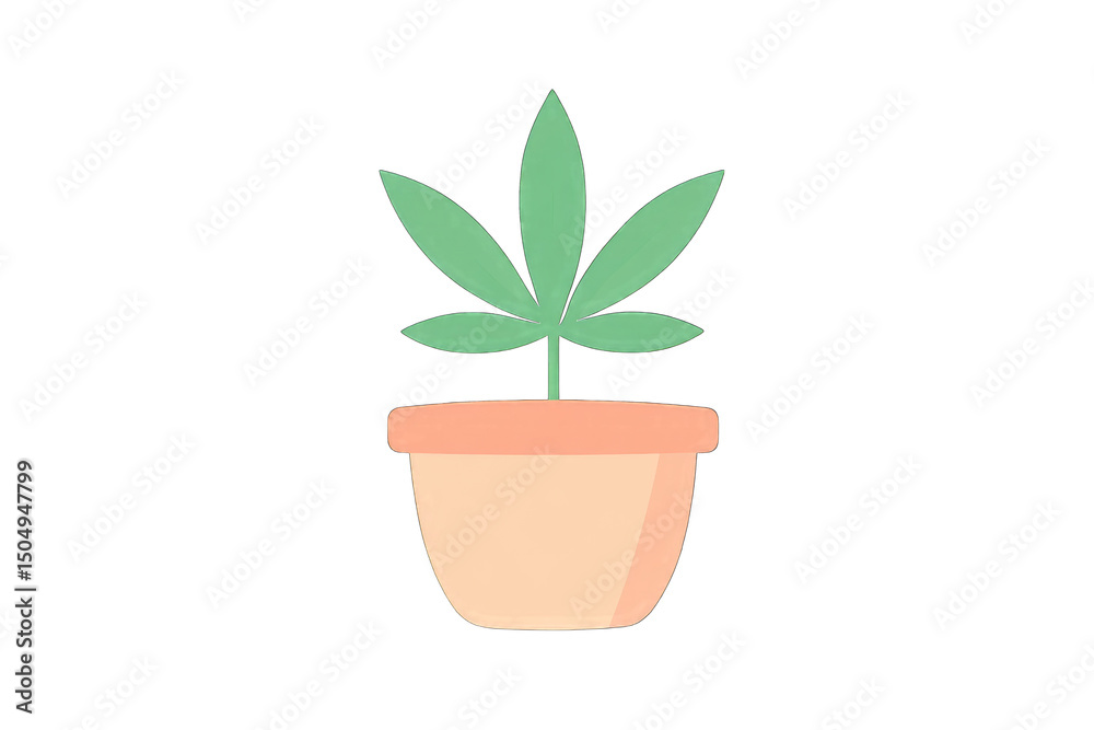 Fototapeta premium A simple illustration of a cannabis plant in a light orange pot, presented against a black background