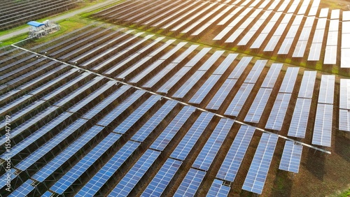 An aerial view showcases rows of solar panels, symbolizing the shift toward clean, solar-powered energy systems that support environmental conservation and reduce carbon footprints.
