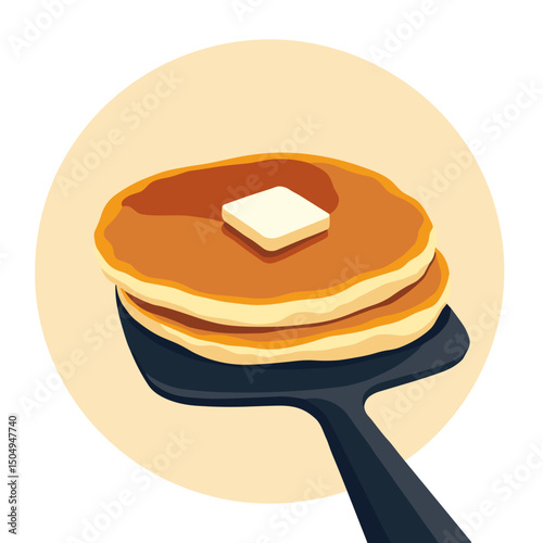Spatula flipping pancakes on glossy surface, vibrant food creativity