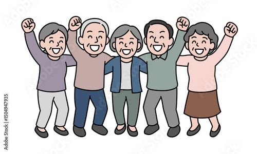 喜ぶ肩組みシニアの男女グループのイラスト