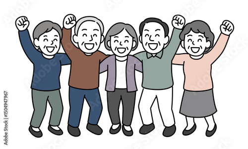 喜ぶ肩組みシニアの男女グループのイラスト