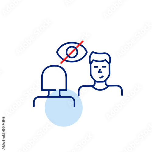Vector icon of woman and man in conversation with crossed-out eye, symbolizing private discussion, confidential communication, hidden dialogue. Ideal for messaging apps, privacy settings, and social p