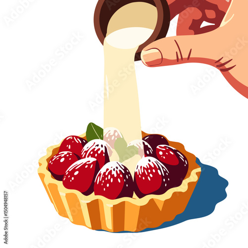 Hand pouring cream over berry tart with white background, food preparation