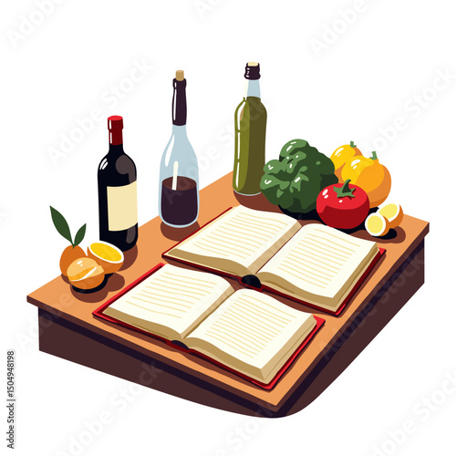 Vibrant food prep station with open recipe book and fresh ingredients, creativity