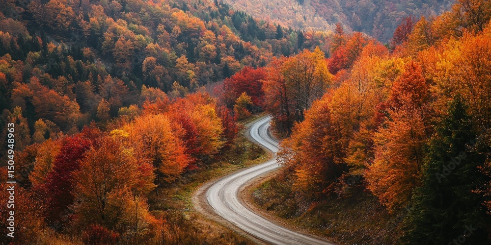 Naklejka premium A mountain road winding through a valley filled with trees in deep autumn hues