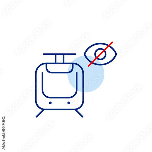 Vector icon of tram with crossed-out eye, symbolizing hidden route, private transit, or invisible tracking. Ideal for transport apps, navigation tools, and privacy