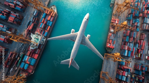 Airplane taking off over shipping containers in port aerial view freight transport industrial environment