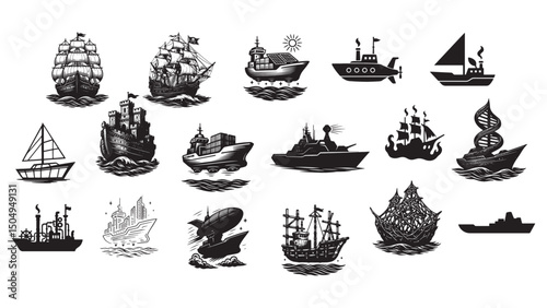 "Set of Vintage and Modern Ship Silhouettes – Nautical Vector Icons Collection"

