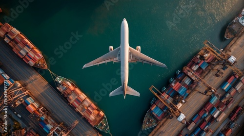 Aerial view of an airplane flying over cargo ships in a port transport and industry vibrant water environment