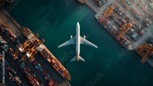 Airplane landing over busy shipping port aerial view urban environment industrial landscape