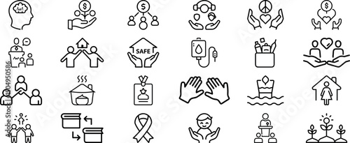 charity icons set - mental health, community support, donations & safety symbols
