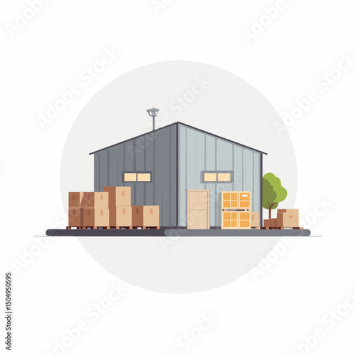 Gray Metal Warehouse Exterior with Cardboard Boxes