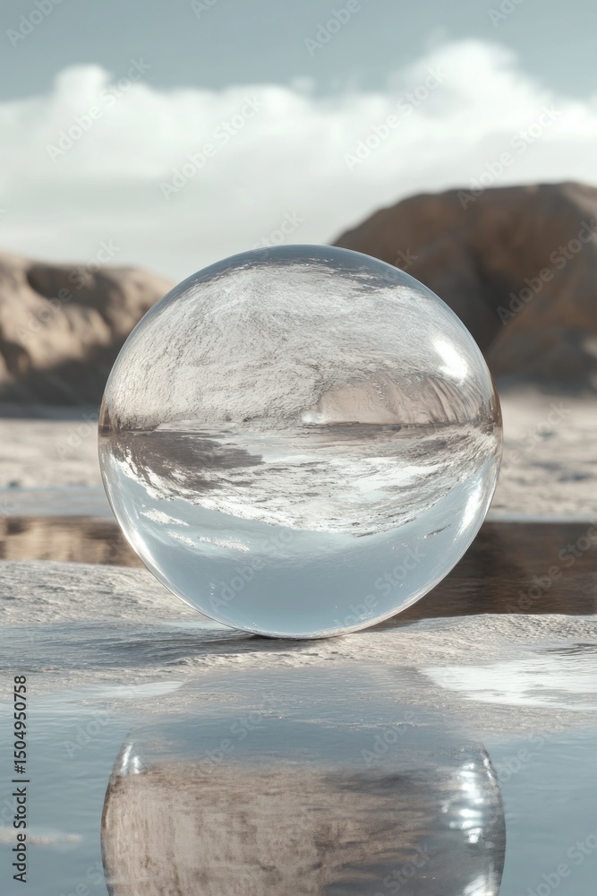 3D-rendered transparent glass sphere resting on a reflective surface. 3D-rendered transparent glass sphere resting on a reflective surface.