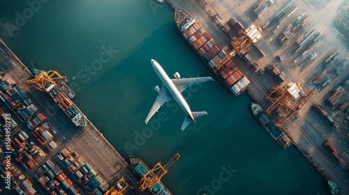 Aerial view of cargo plane overloading at shipping port urban environment drone photography industrial concept