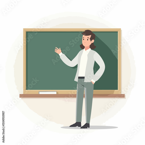 Woman Teacher Presenting Lesson at Green Chalkboard