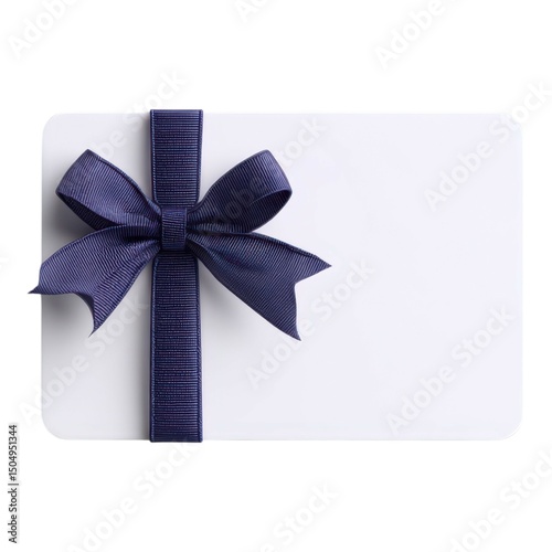 A blank white card with a navy blue ribbon and bow, perfect for gifting or special occasions.