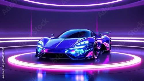 Futuristic neon sports car illuminated in a purple and pink glowing showroom