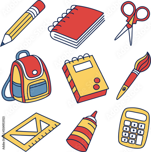 school supplies pencil book bag scissors brush glue
