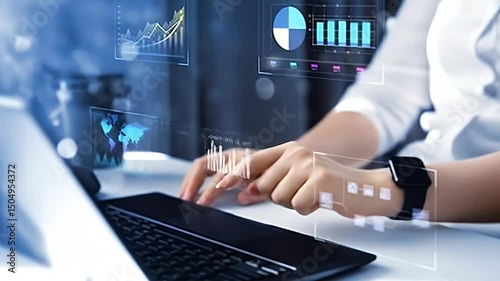 Woman Analyzing Data Charts on Laptop With Holographic Display in Modern Office Setting With Graphs Pie Charts and Geometric Visualizations