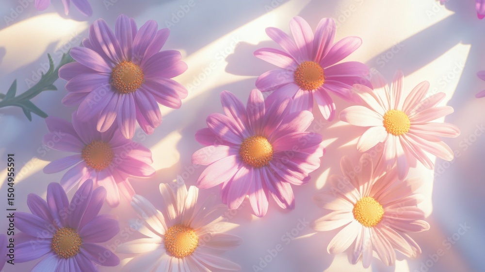 Obraz premium Elegant bouquet of purple and pink daisies with soft shadows on a lavender background,