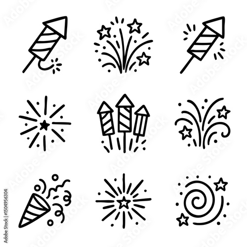 A set of doodle line icons showing fireworks, rockets, sparkles, confetti, and festive bursts for celebration and party themes