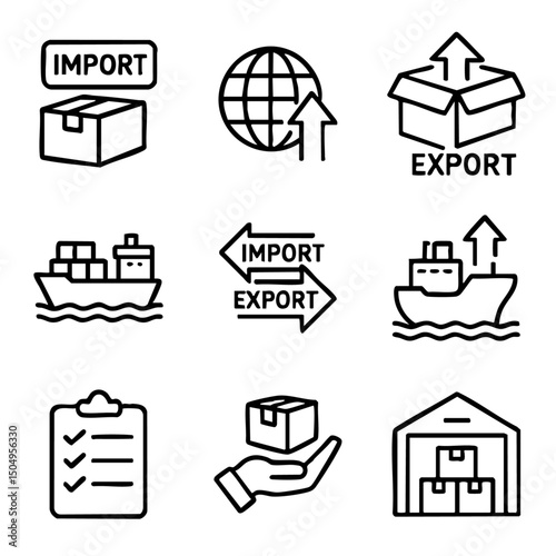 A set of doodle line icons illustrating global trade, import-export process, shipping, cargo, delivery, checklist, and warehouse operations