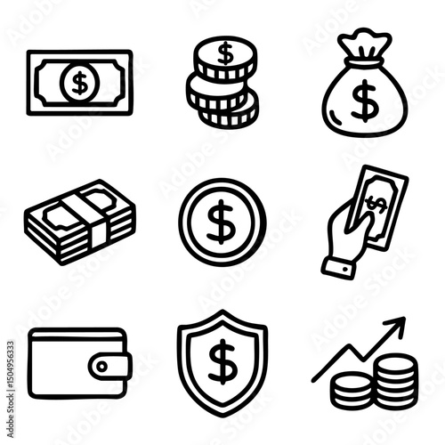 A set of doodle line icons representing money, coins, banknotes, wallet, payment, savings, financial security, and economic growth