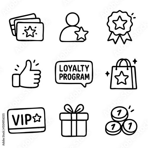 A set of doodle line icons representing loyalty programs, reward points, membership cards, VIP access, gifts, and customer incentives