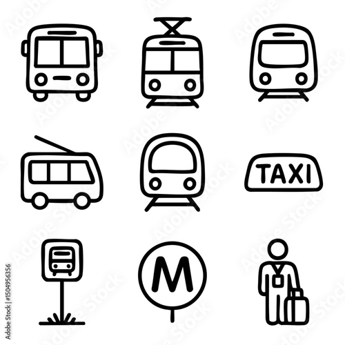 A set of doodle line icons showing buses, trams, metro, trolley, taxi sign, stations, and commuter symbols for urban transport themes