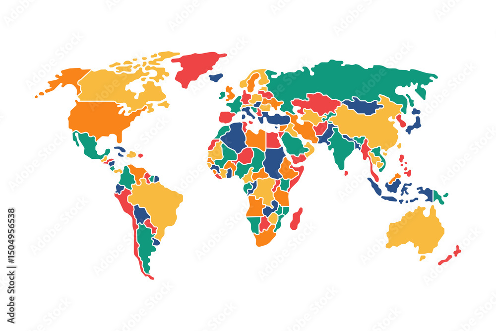 Obraz premium Colorful World Map Illustration Highlighting Global Nations by Hue and Borders