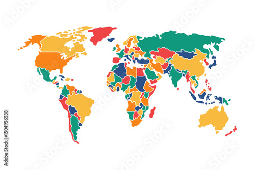 Colorful World Map Illustration Highlighting Global Nations by Hue and Borders