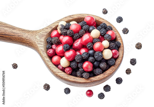 mixed peppercorns in wooden spoon on white background
