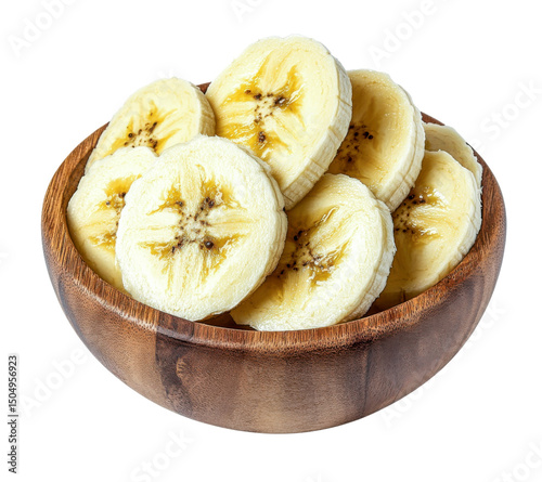 banana slices in wooden bowl, isolated.