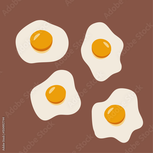 three fried eggs are shown on a brown background