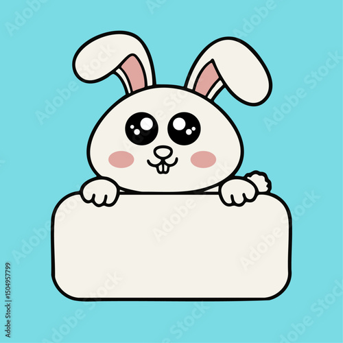 a cartoon bunny holding a sign with a green background