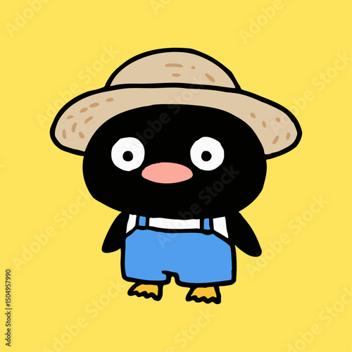 a cartoon penguin wearing a hat and overalls