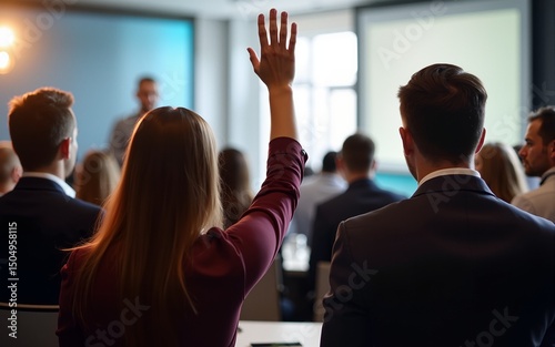 Rear view of a business people raising their hands hand to ask question during seminar in conference room. High quality