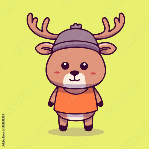 a cartoon deer wearing a hat and orange shirt