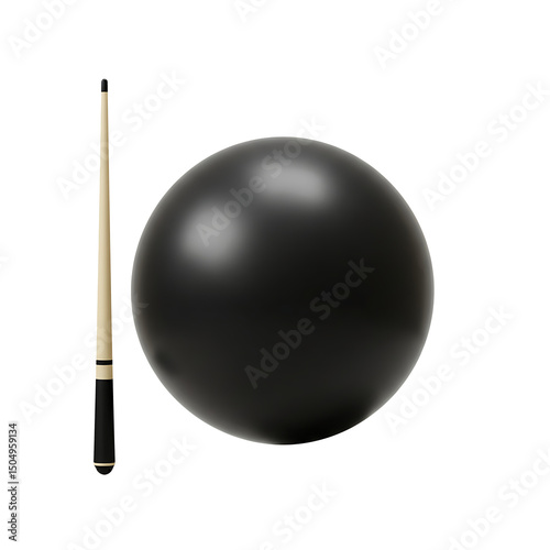 A clean black pool ball next to a cue stick representing the game of billiards and sport competition isolated on white background