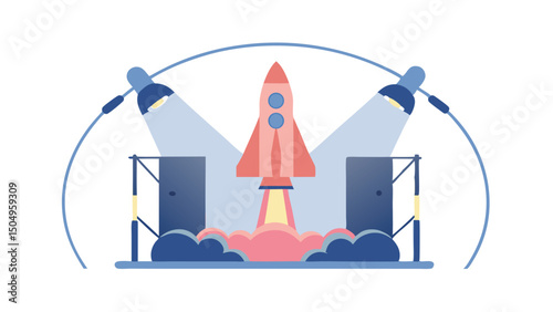 A cartoon rocket launching on a stage with spotlights and a blue wireframe dome over it all art