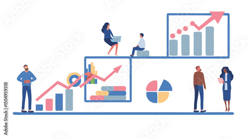 Business analysis illustration showing people interacting with charts and graphs on a white background