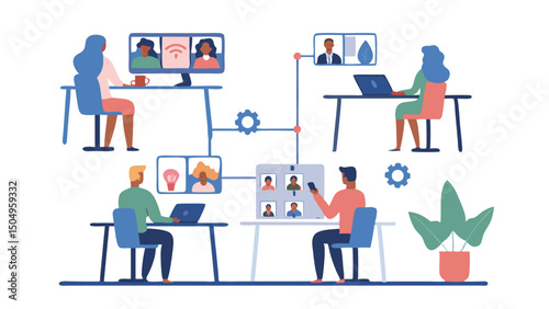 Illustration of people in virtual meetings connecting remotely via computers and video conferencing platforms