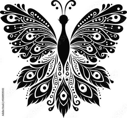 Art & IllustrationElegant Black Peacock Silhouette with Ornamental Feathers – Vector Illustration