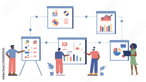 A business presentation with charts and graphs being presented by diverse team members in a meeting room